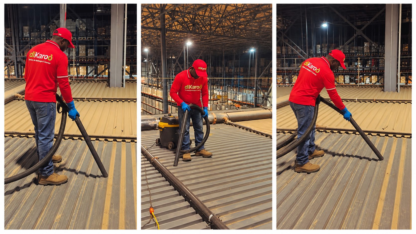 Un préposé DIKAROO en uniforme rouge passe l'aspirateur industriel sur la mezzanine d'un entrepôt.