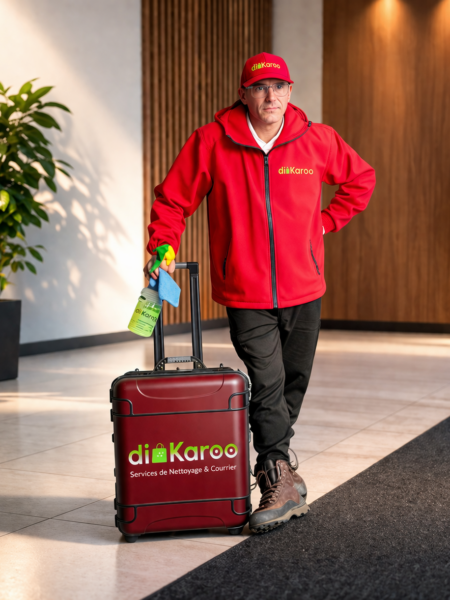 Technicien Dikaroo terminant un nettoyage de bureaux à Montréal, transportant la valise de matériel professionnel.