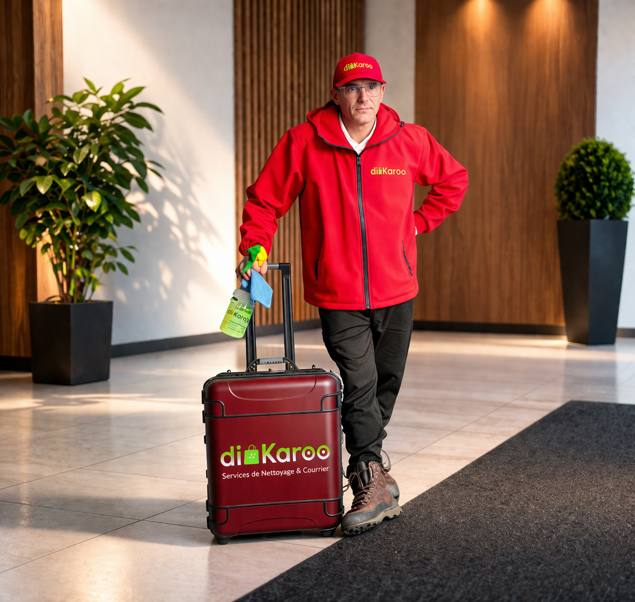 Technicien Dikaroo terminant un nettoyage de bureaux à Montréal, transportant la valise de matériel professionnel.